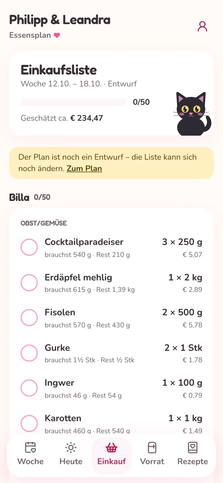 App-Ansicht Einkauf: Einkaufsliste für Billa mit Packungsgrößen und Resten