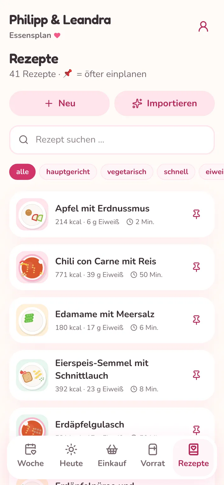 App-Ansicht Rezepte: Rezeptliste mit Kalorien, Eiweiß und Kochzeit