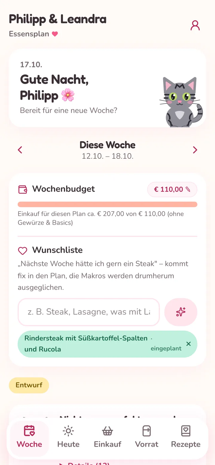 App-Ansicht Woche: Wochenbudget und Wunschliste, ein Rindersteak ist eingeplant